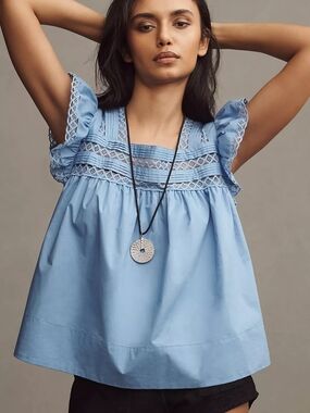 English Factory Light Blue Lace-Trim Flutter Sleeve Top